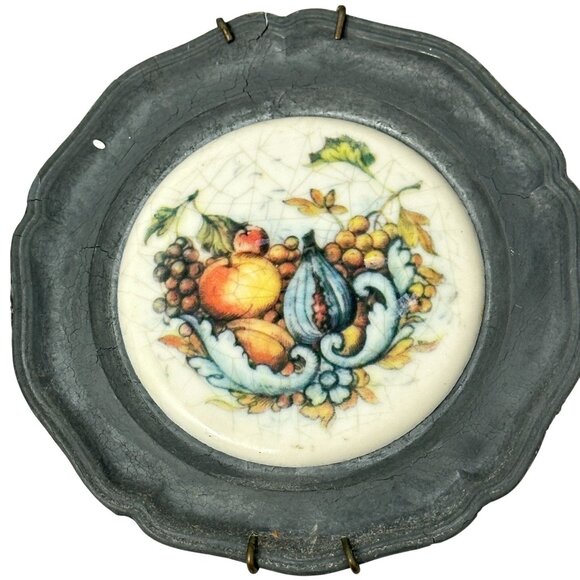 Vintage Pewter Coasters Ceramic Fruit Design Inserts Wall Decor Set of 6 READ - Picture 4 of 13